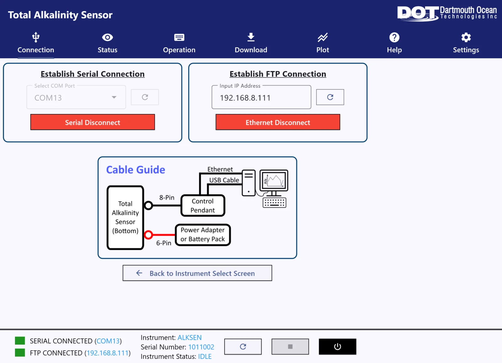 DOT Total Alkalinity Sensor connection screen with serial and Ethernet setup and a cable guide